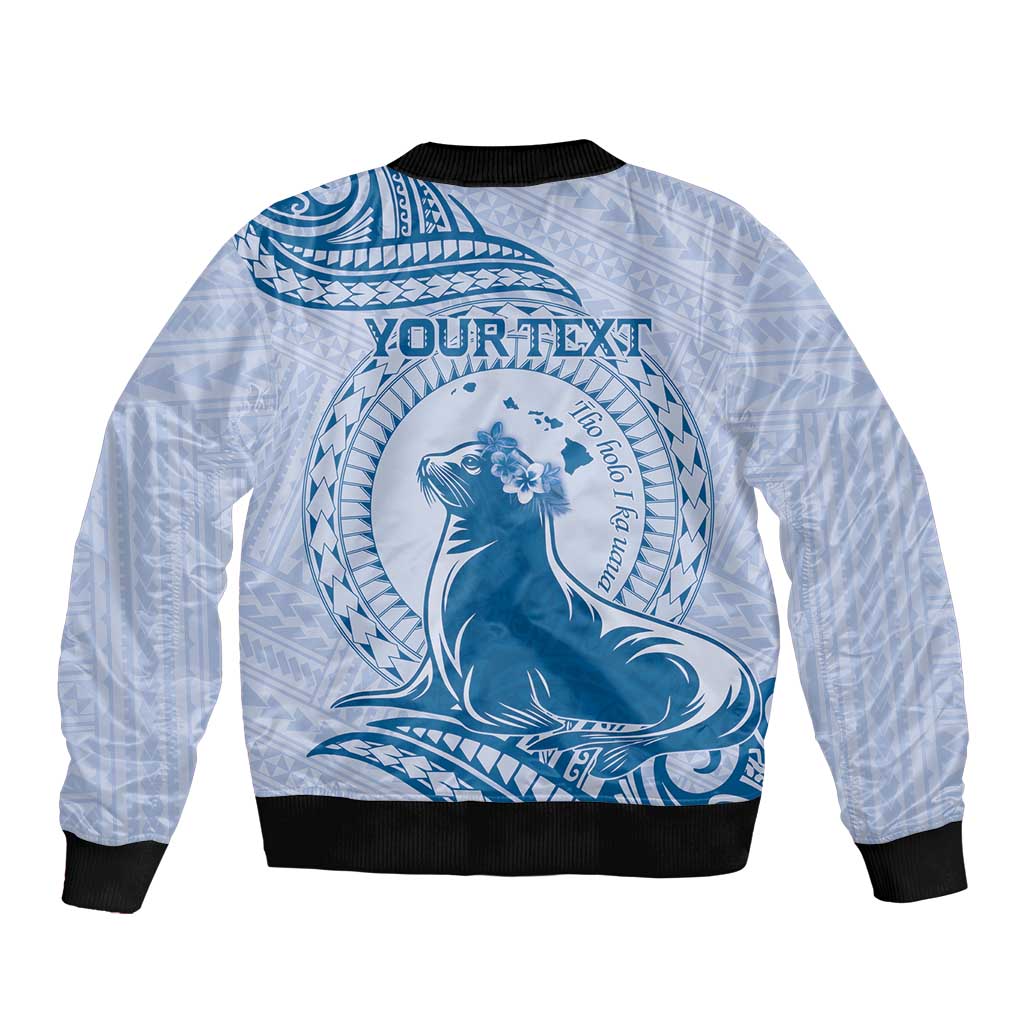 Personalised Hawaii Monk Seal Bomber Jacket Polynesian Tattoo With Tropical Flowers - Blue Pastel