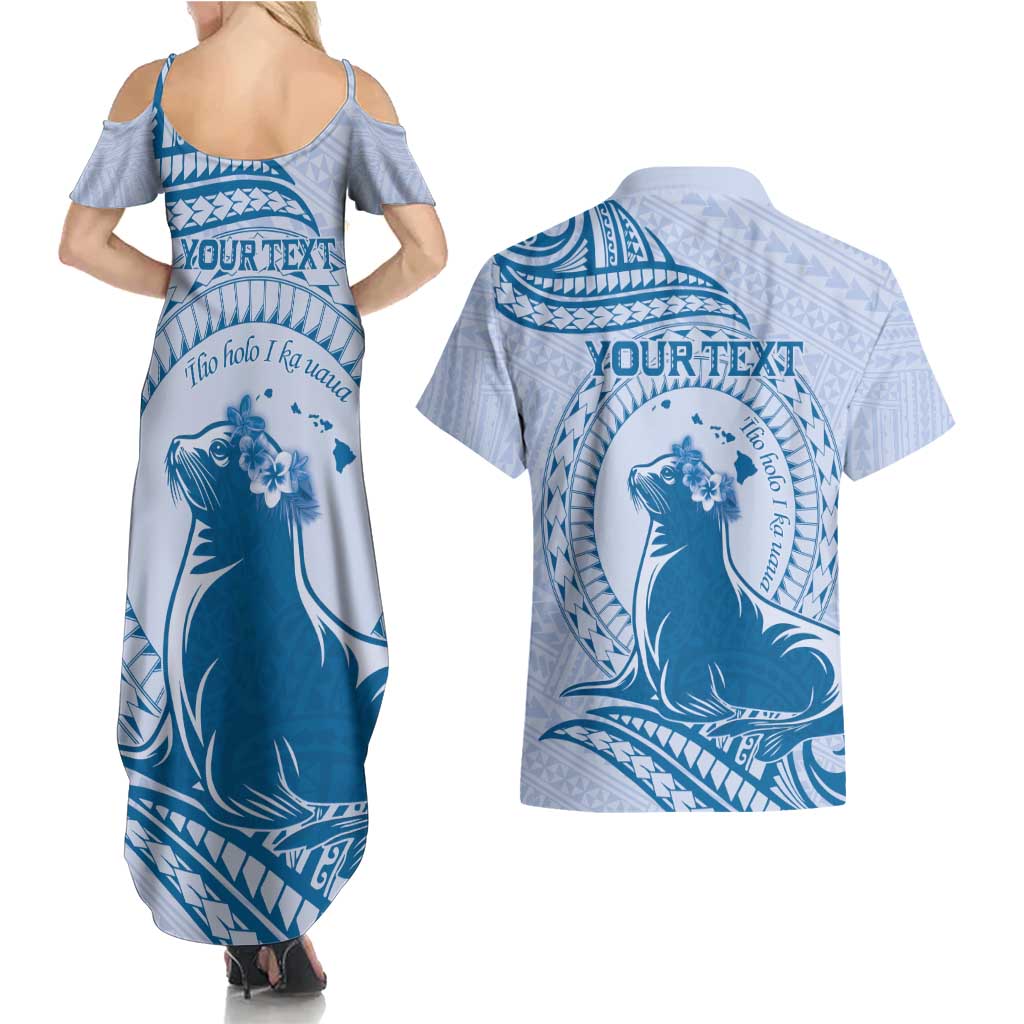 Personalised Hawaii Monk Seal Couples Matching Summer Maxi Dress and Hawaiian Shirt Polynesian Tattoo With Tropical Flowers - Blue Pastel