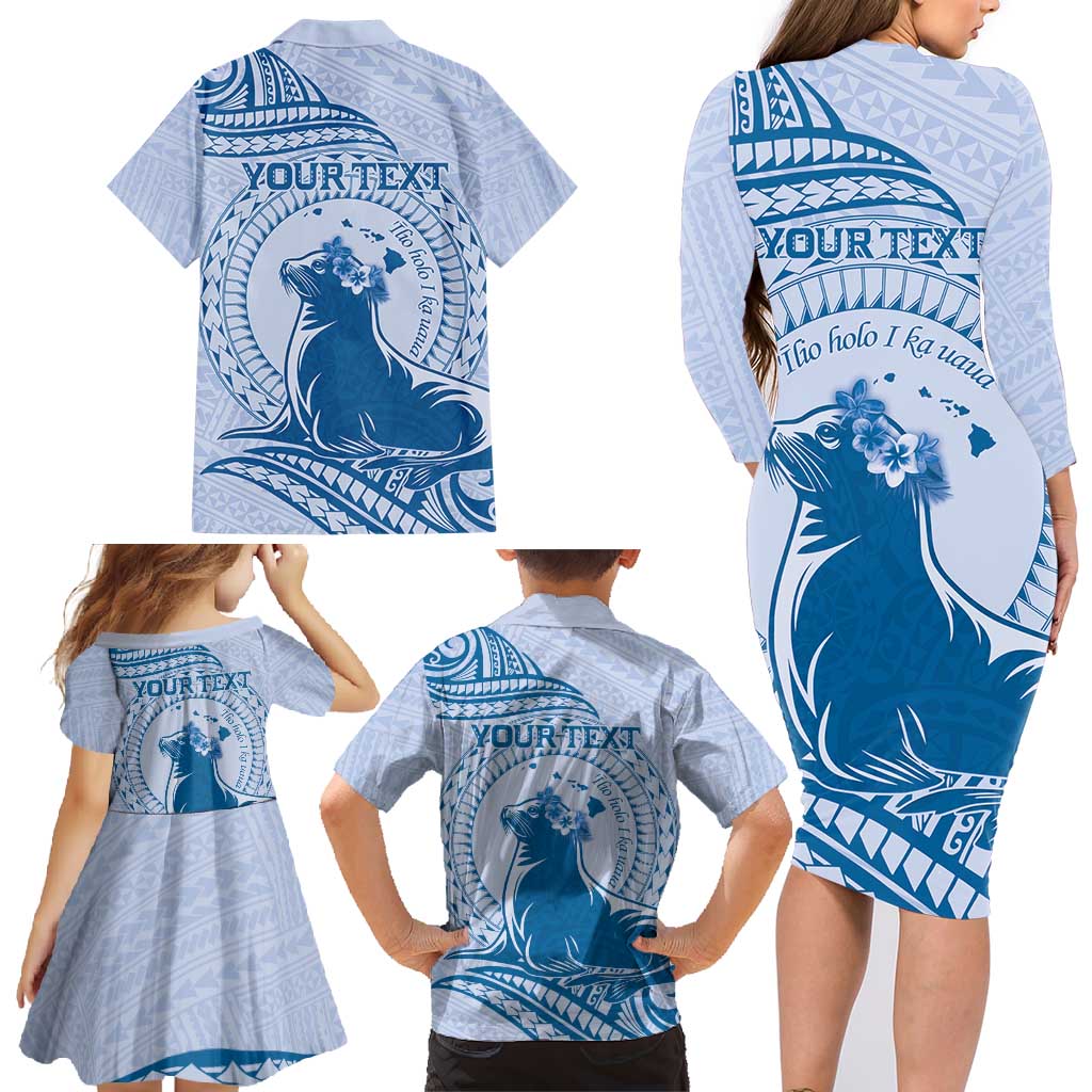 Personalised Hawaii Monk Seal Family Matching Long Sleeve Bodycon Dress and Hawaiian Shirt Polynesian Tattoo With Tropical Flowers - Blue Pastel