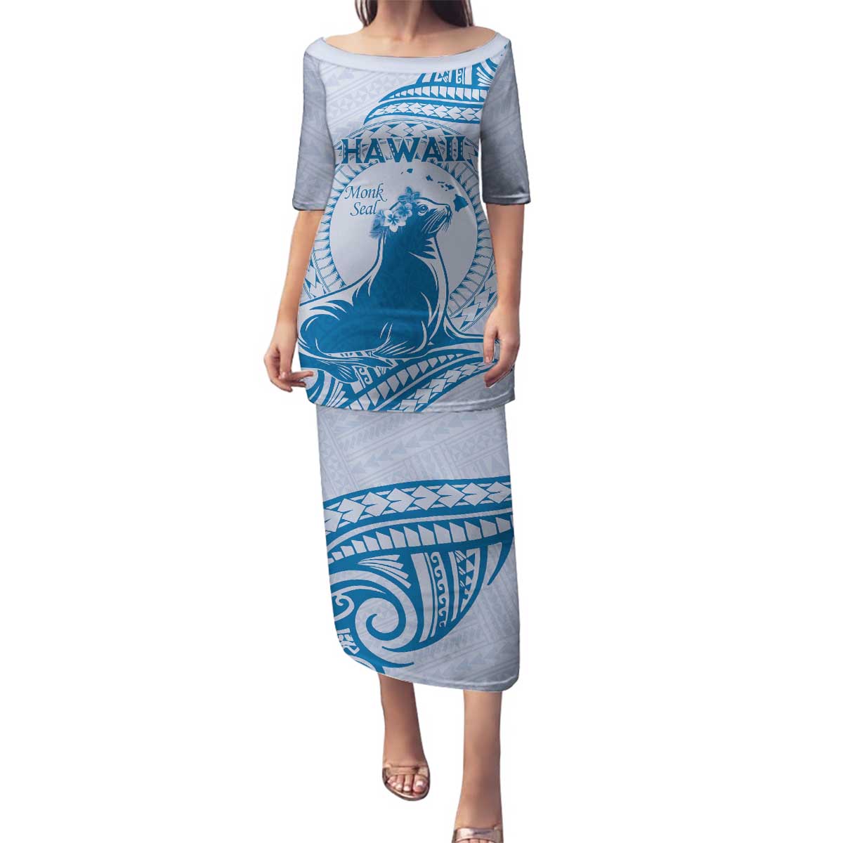 Personalised Hawaii Monk Seal Family Matching Puletasi and Hawaiian Shirt Polynesian Tattoo With Tropical Flowers - Blue Pastel