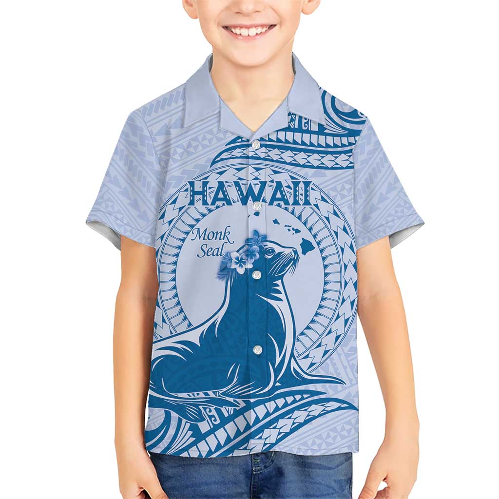 Personalised Hawaii Monk Seal Kid Hawaiian Shirt Polynesian Tattoo With Tropical Flowers - Blue Pastel LT14 Kid Blue - Polynesian Pride