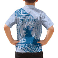 Personalised Hawaii Monk Seal Kid Hawaiian Shirt Polynesian Tattoo With Tropical Flowers - Blue Pastel LT14 - Polynesian Pride