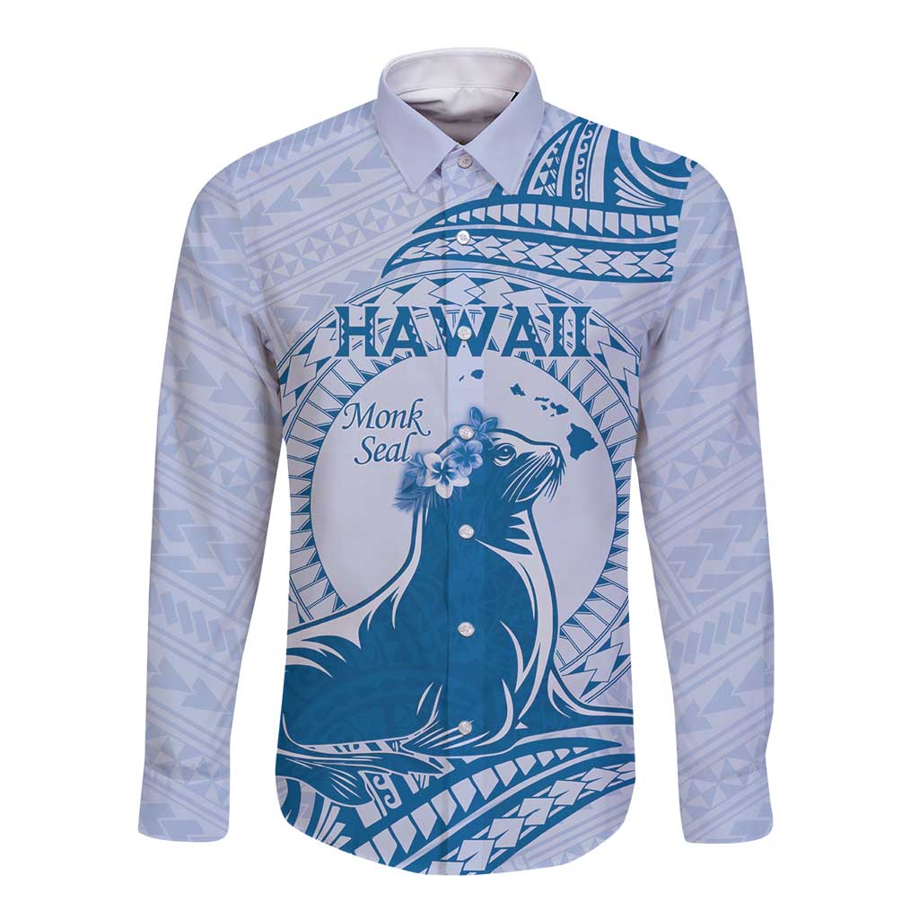 Personalised Hawaii Monk Seal Long Sleeve Button Shirt Polynesian Tattoo With Tropical Flowers - Blue Pastel LT14 Unisex Blue - Polynesian Pride