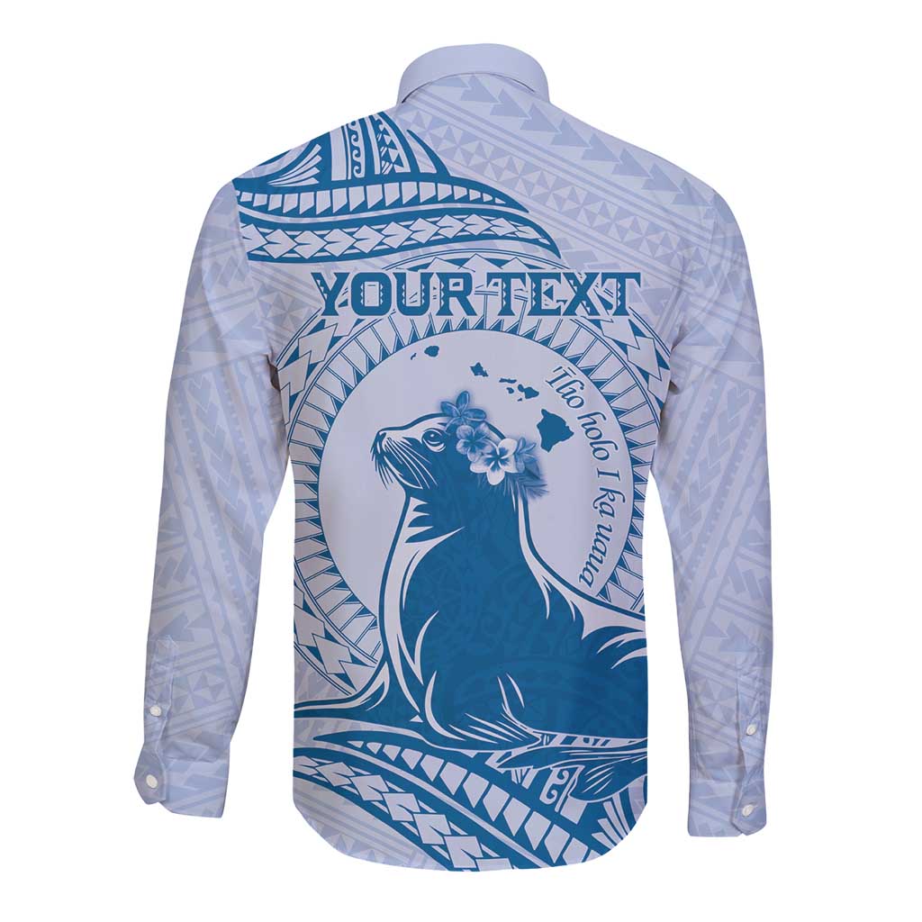 Personalised Hawaii Monk Seal Long Sleeve Button Shirt Polynesian Tattoo With Tropical Flowers - Blue Pastel LT14 - Polynesian Pride