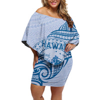 Personalised Hawaii Monk Seal Off Shoulder Short Dress Polynesian Tattoo With Tropical Flowers - Blue Pastel LT14 Women Blue - Polynesian Pride