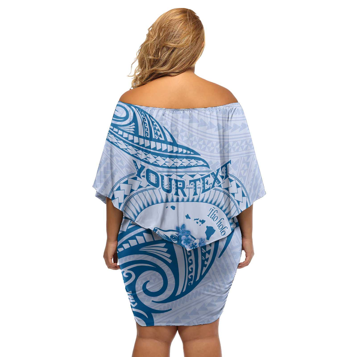 Personalised Hawaii Monk Seal Off Shoulder Short Dress Polynesian Tattoo With Tropical Flowers - Blue Pastel LT14 - Polynesian Pride
