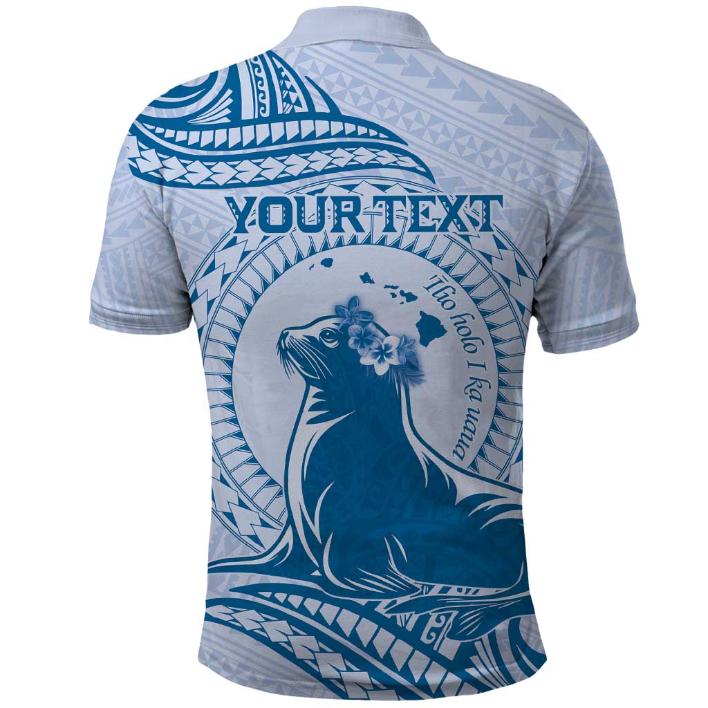 Personalised Hawaii Monk Seal Polo Shirt Polynesian Tattoo With Tropical Flowers - Blue Pastel