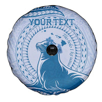 Personalised Hawaii Monk Seal Spare Tire Cover Polynesian Tattoo With Tropical Flowers - Blue Pastel