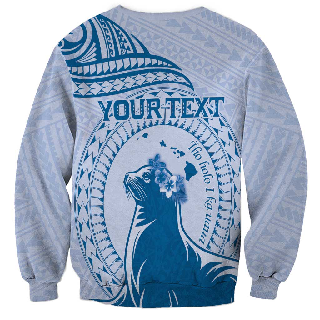 Personalised Hawaii Monk Seal Sweatshirt Polynesian Tattoo With Tropical Flowers - Blue Pastel