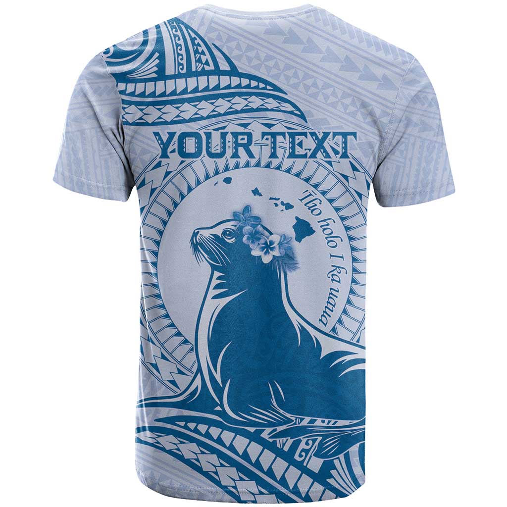 Personalised Hawaii Monk Seal T Shirt Polynesian Tattoo With Tropical Flowers - Blue Pastel