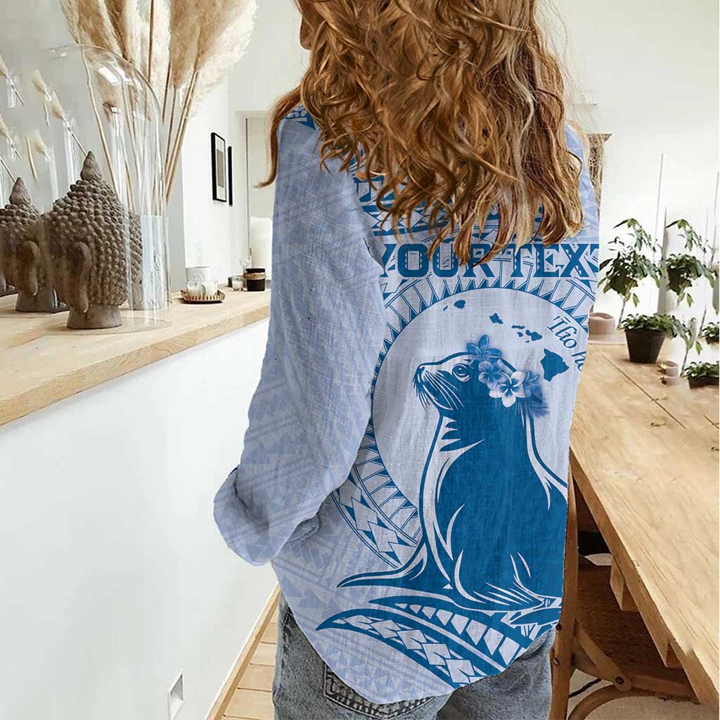 Personalised Hawaii Monk Seal Women Casual Shirt Polynesian Tattoo With Tropical Flowers - Blue Pastel