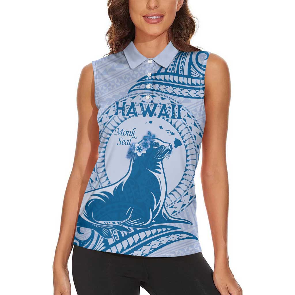 Personalised Hawaii Monk Seal Women Sleeveless Polo Shirt Polynesian Tattoo With Tropical Flowers - Blue Pastel