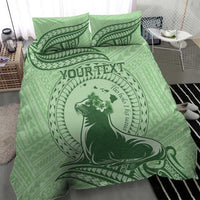 Personalised Hawaii Monk Seal Bedding Set Polynesian Tattoo With Tropical Flowers - Green Pastel