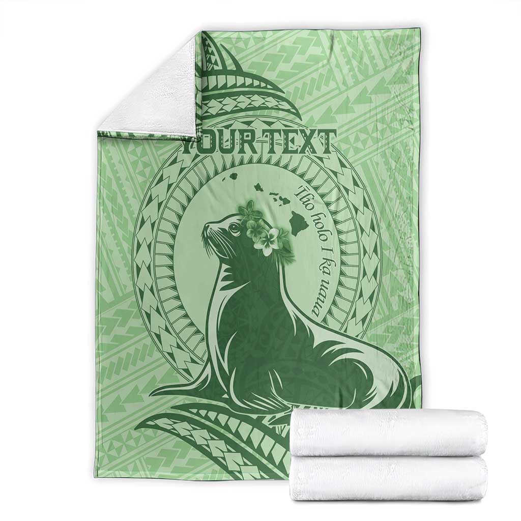 Personalised Hawaii Monk Seal Blanket Polynesian Tattoo With Tropical Flowers - Green Pastel