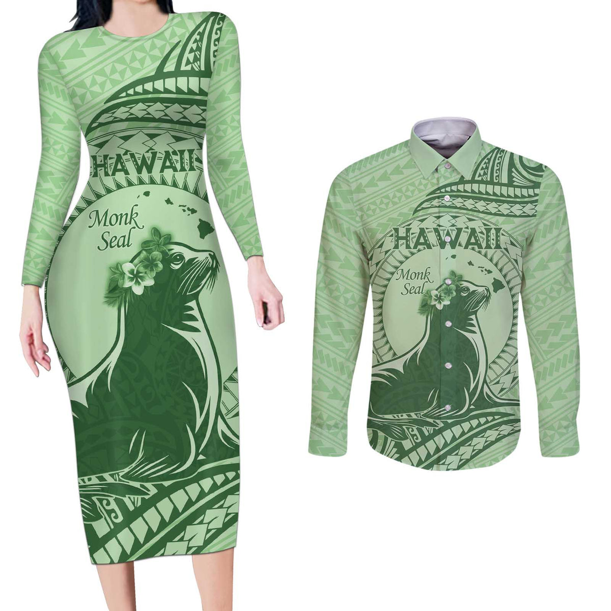Personalised Hawaii Monk Seal Couples Matching Long Sleeve Bodycon Dress and Long Sleeve Button Shirt Polynesian Tattoo With Tropical Flowers - Green Pastel