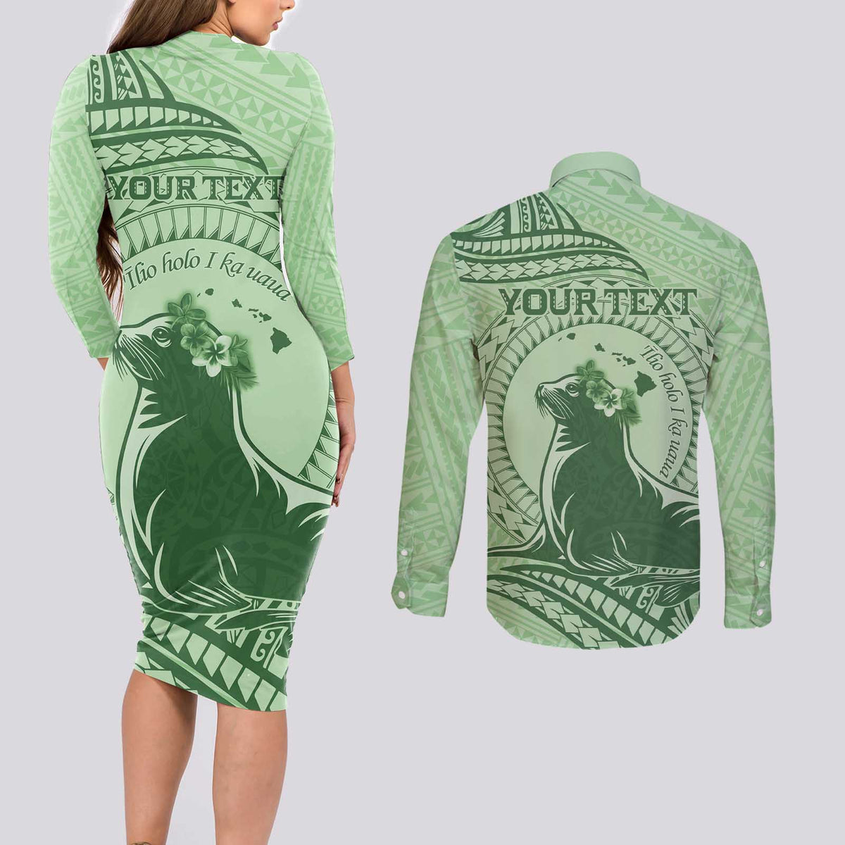 Personalised Hawaii Monk Seal Couples Matching Long Sleeve Bodycon Dress and Long Sleeve Button Shirt Polynesian Tattoo With Tropical Flowers - Green Pastel