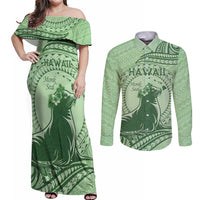 Personalised Hawaii Monk Seal Couples Matching Off Shoulder Maxi Dress and Long Sleeve Button Shirt Polynesian Tattoo With Tropical Flowers - Green Pastel