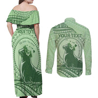 Personalised Hawaii Monk Seal Couples Matching Off Shoulder Maxi Dress and Long Sleeve Button Shirt Polynesian Tattoo With Tropical Flowers - Green Pastel