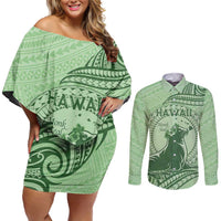 Personalised Hawaii Monk Seal Couples Matching Off Shoulder Short Dress and Long Sleeve Button Shirt Polynesian Tattoo With Tropical Flowers - Green Pastel