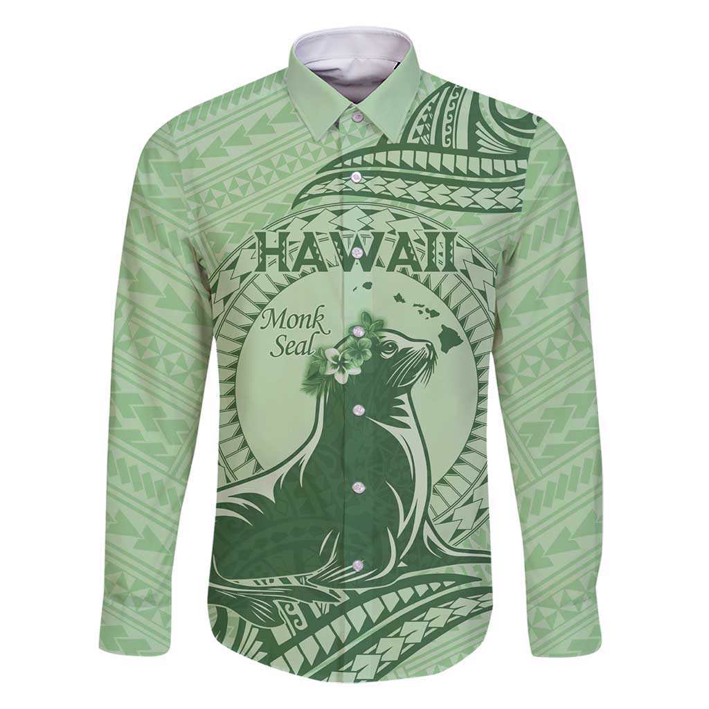 Personalised Hawaii Monk Seal Family Matching Off Shoulder Maxi Dress and Hawaiian Shirt Polynesian Tattoo With Tropical Flowers - Green Pastel