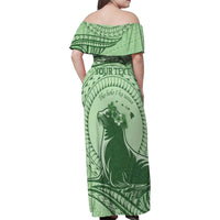 Personalised Hawaii Monk Seal Family Matching Off Shoulder Maxi Dress and Hawaiian Shirt Polynesian Tattoo With Tropical Flowers - Green Pastel