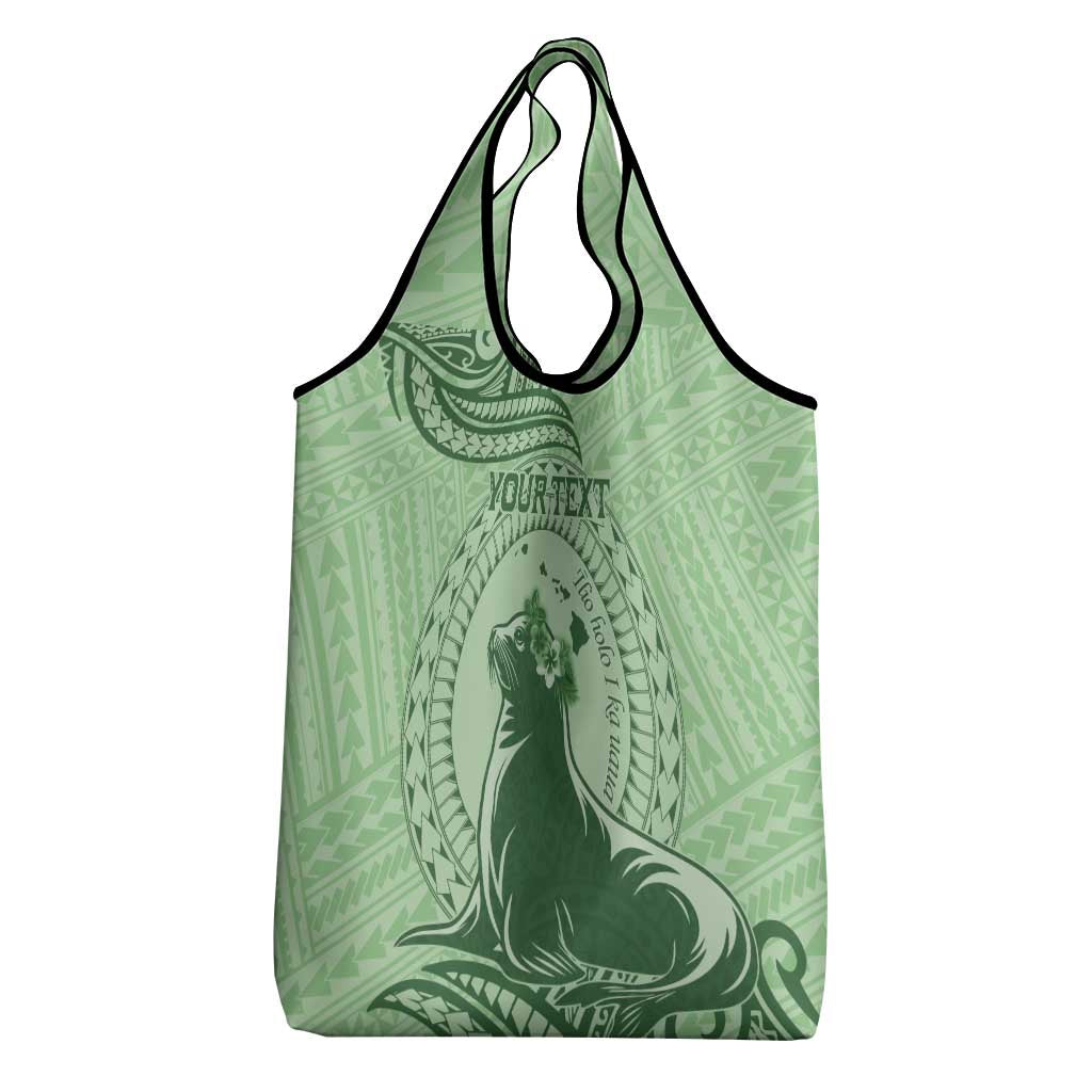 Personalised Hawaii Monk Seal Grocery Bag Polynesian Tattoo With Tropical Flowers - Green Pastel