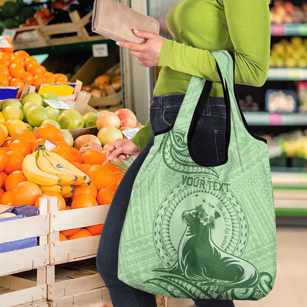 Personalised Hawaii Monk Seal Grocery Bag Polynesian Tattoo With Tropical Flowers - Green Pastel