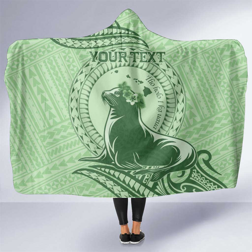 Personalised Hawaii Monk Seal Hooded Blanket Polynesian Tattoo With Tropical Flowers - Green Pastel LT14 One Size Green - Polynesian Pride