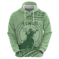 Personalised Hawaii Monk Seal Hoodie Polynesian Tattoo With Tropical Flowers - Green Pastel