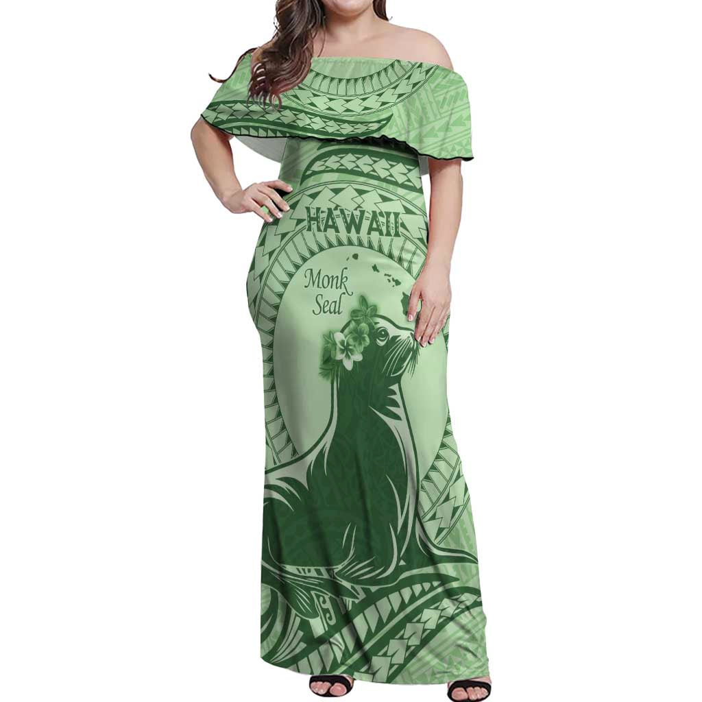 Personalised Hawaii Monk Seal Off Shoulder Maxi Dress Polynesian Tattoo With Tropical Flowers - Green Pastel LT14 Women Green - Polynesian Pride