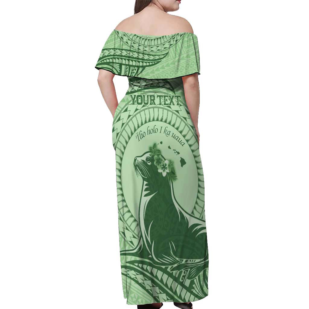 Personalised Hawaii Monk Seal Off Shoulder Maxi Dress Polynesian Tattoo With Tropical Flowers - Green Pastel LT14 - Polynesian Pride