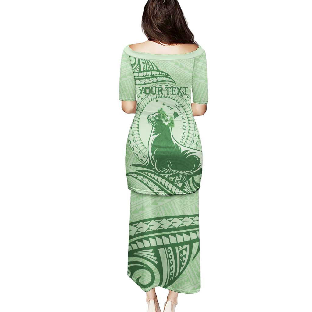 Personalised Hawaii Monk Seal Puletasi Polynesian Tattoo With Tropical Flowers - Green Pastel