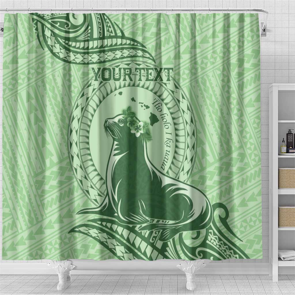 Personalised Hawaii Monk Seal Shower Curtain Polynesian Tattoo With Tropical Flowers - Green Pastel LT14 - Polynesian Pride