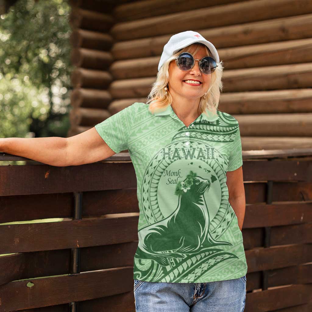 Personalised Hawaii Monk Seal Women Polo Shirt Polynesian Tattoo With Tropical Flowers - Green Pastel