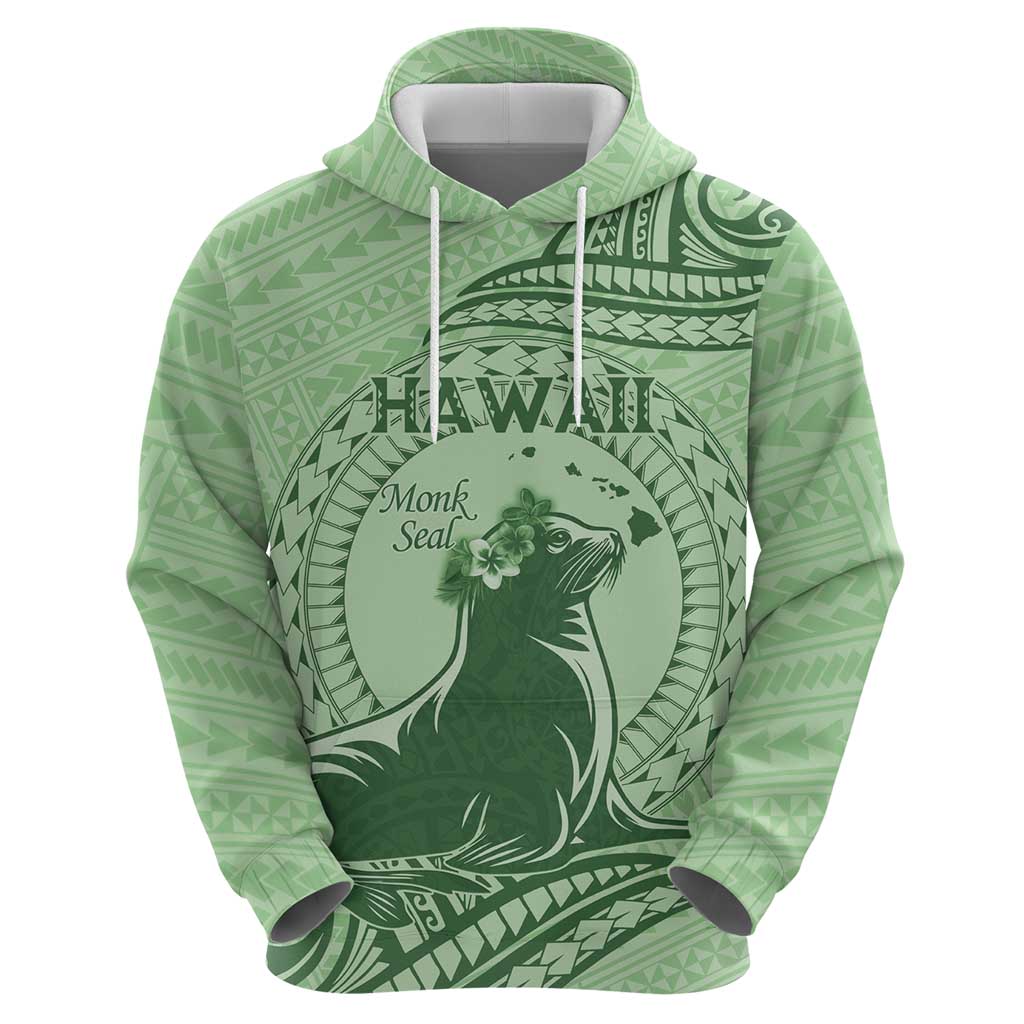 Personalised Hawaii Monk Seal Zip Hoodie Polynesian Tattoo With Tropical Flowers - Green Pastel
