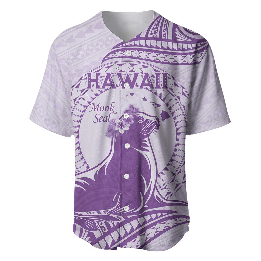 Personalised Hawaii Monk Seal Baseball Jersey Polynesian Tattoo With Tropical Flowers - Purple Pastel LT14 Purple - Polynesian Pride