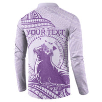 Personalised Hawaii Monk Seal Button Sweatshirt Polynesian Tattoo With Tropical Flowers - Purple Pastel LT14 - Polynesian Pride