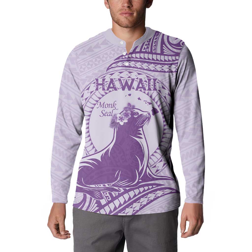 Personalised Hawaii Monk Seal Button Sweatshirt Polynesian Tattoo With Tropical Flowers - Purple Pastel LT14 - Polynesian Pride