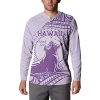 Personalised Hawaii Monk Seal Button Sweatshirt Polynesian Tattoo With Tropical Flowers - Purple Pastel LT14 - Polynesian Pride