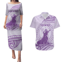 Personalised Hawaii Monk Seal Couples Matching Puletasi and Hawaiian Shirt Polynesian Tattoo With Tropical Flowers - Purple Pastel