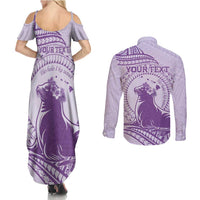 Personalised Hawaii Monk Seal Couples Matching Summer Maxi Dress and Long Sleeve Button Shirt Polynesian Tattoo With Tropical Flowers - Purple Pastel