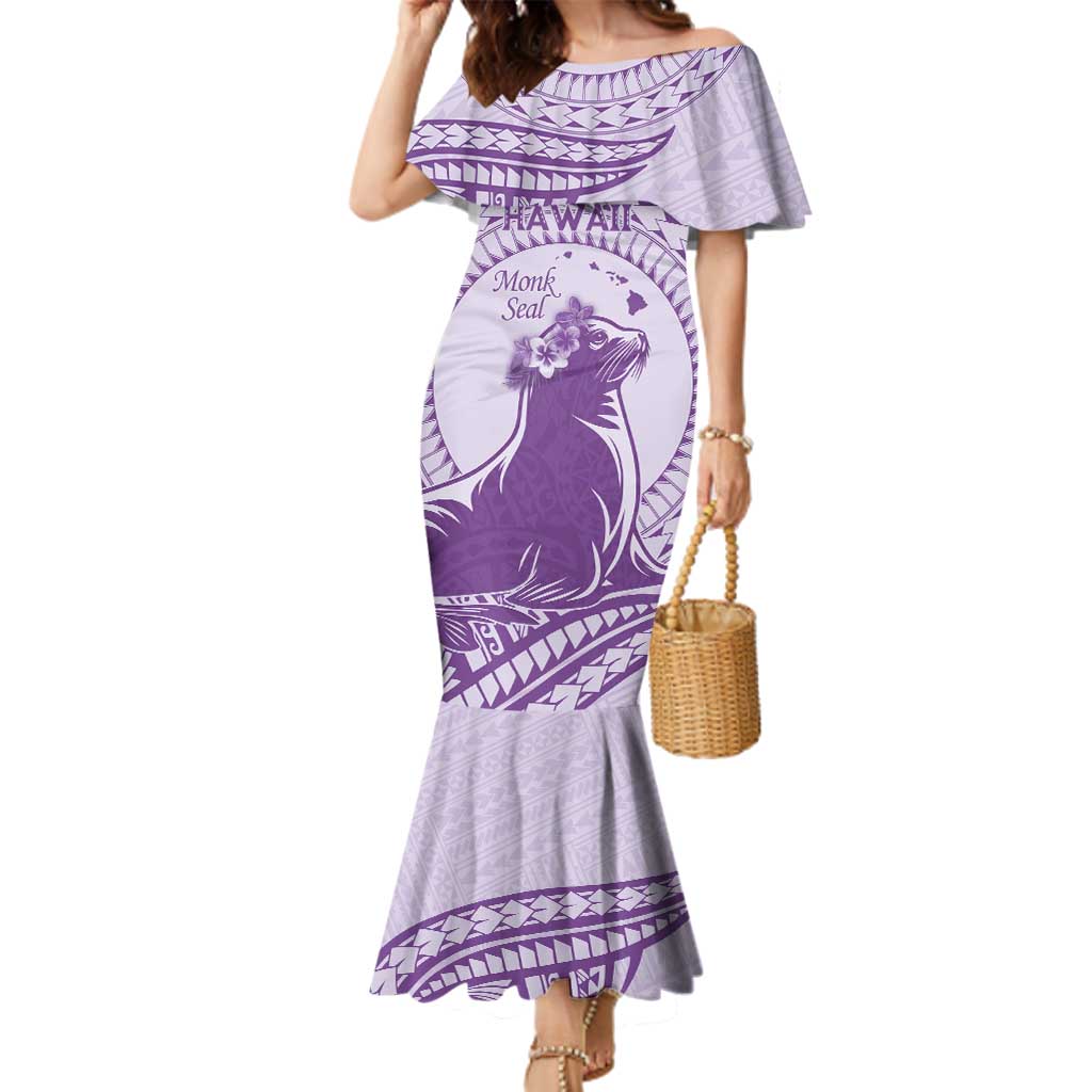 Personalised Hawaii Monk Seal Family Matching Mermaid Dress and Hawaiian Shirt Polynesian Tattoo With Tropical Flowers - Purple Pastel