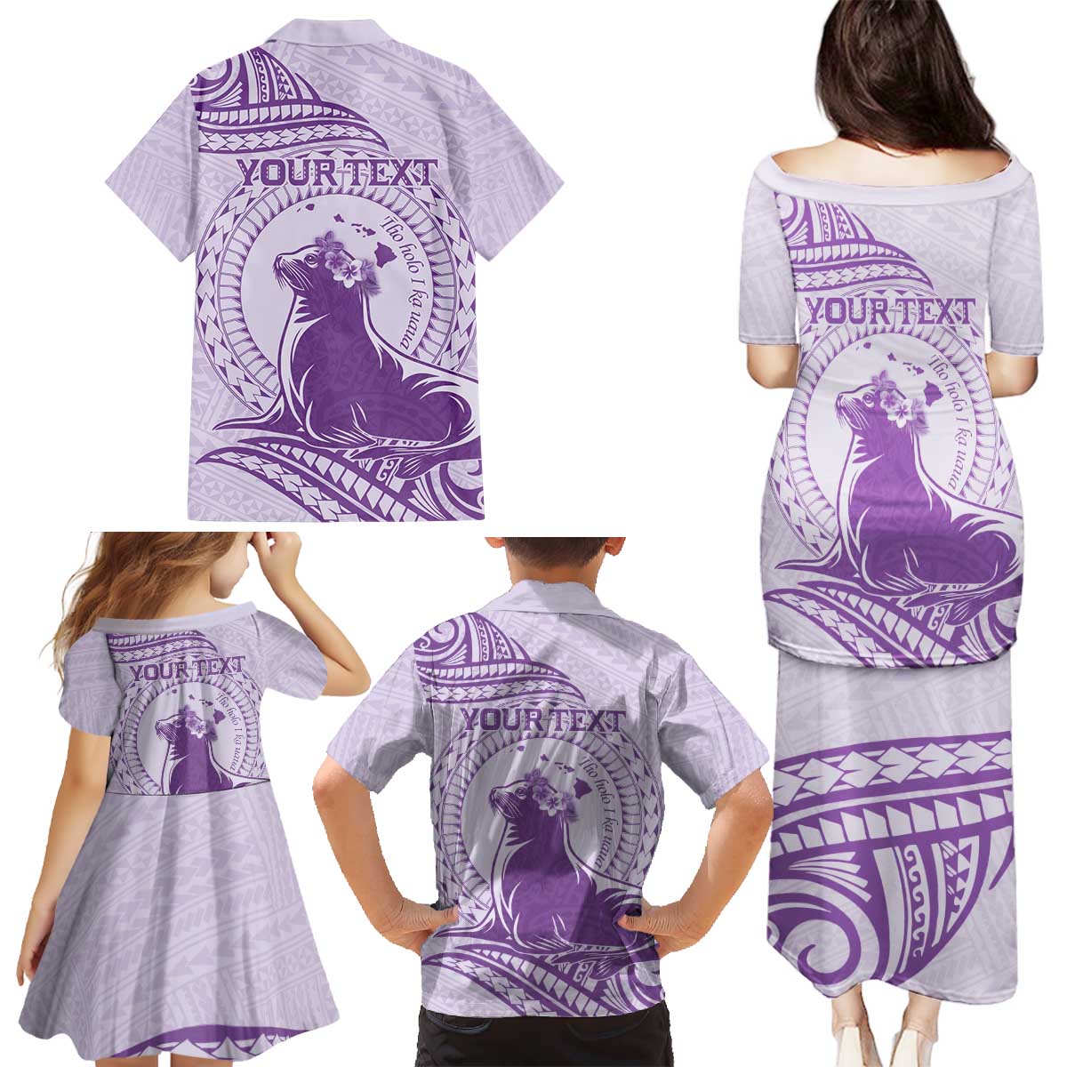 Personalised Hawaii Monk Seal Family Matching Puletasi and Hawaiian Shirt Polynesian Tattoo With Tropical Flowers - Purple Pastel