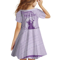 Personalised Hawaii Monk Seal Kid Short Sleeve Dress Polynesian Tattoo With Tropical Flowers - Purple Pastel LT14 - Polynesian Pride