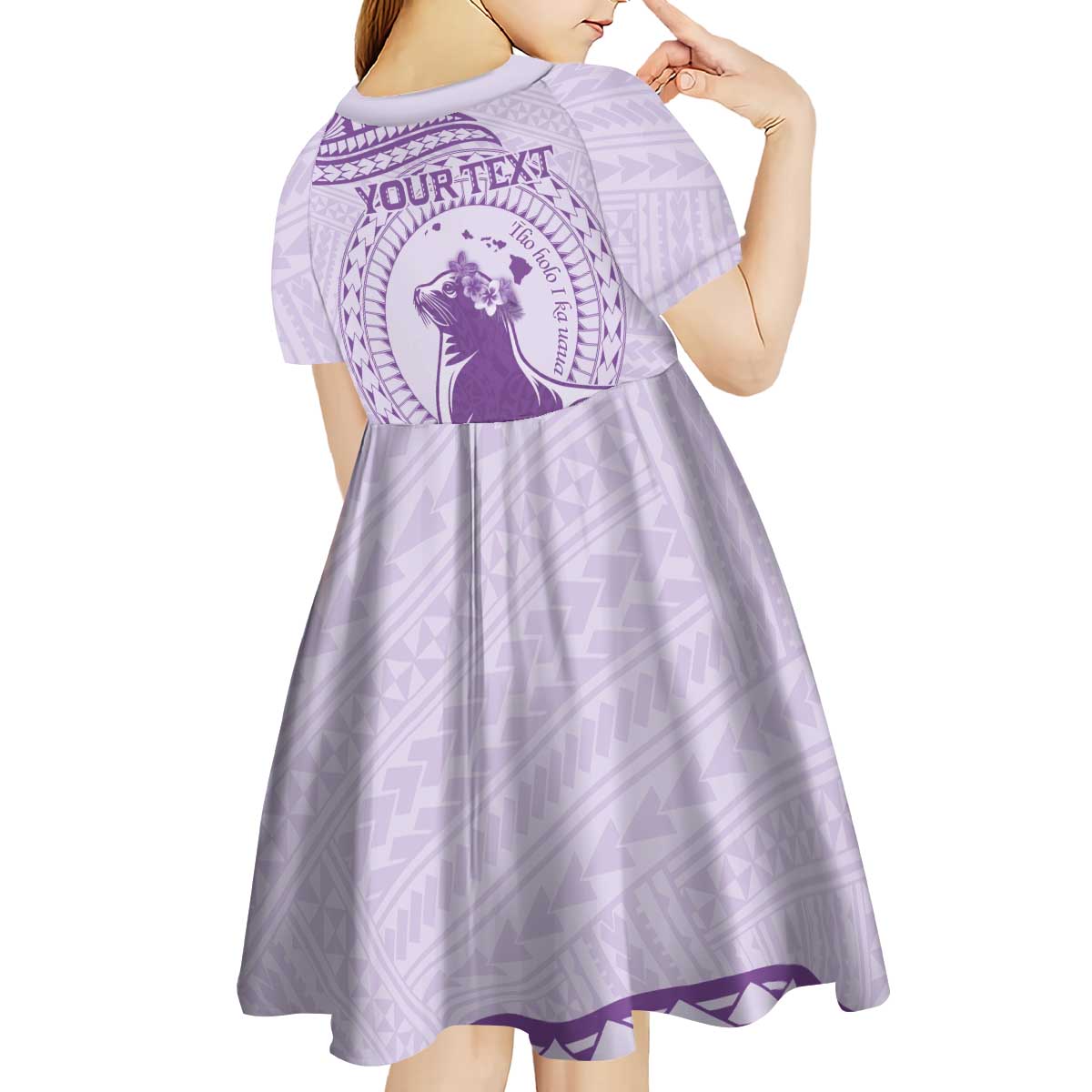 Personalised Hawaii Monk Seal Kid Short Sleeve Dress Polynesian Tattoo With Tropical Flowers - Purple Pastel LT14 - Polynesian Pride