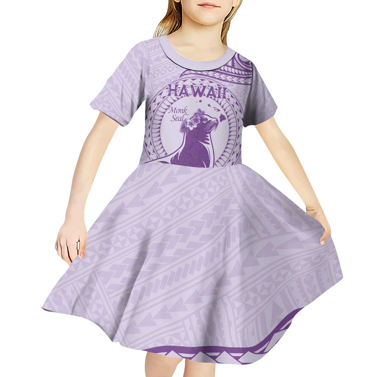 Personalised Hawaii Monk Seal Kid Short Sleeve Dress Polynesian Tattoo With Tropical Flowers - Purple Pastel LT14 - Polynesian Pride