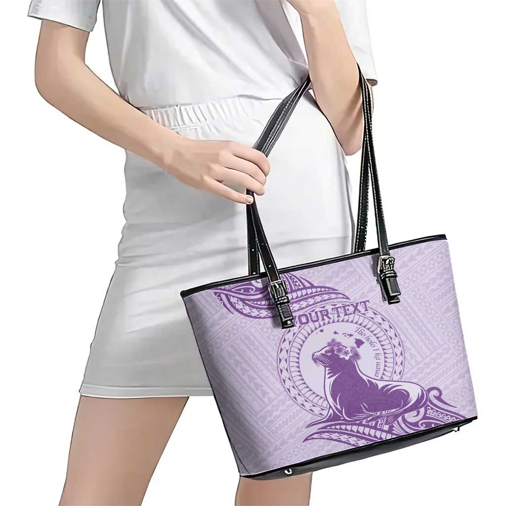 Personalised Hawaii Monk Seal Leather Tote Bag Polynesian Tattoo With Tropical Flowers - Purple Pastel LT14 - Polynesian Pride