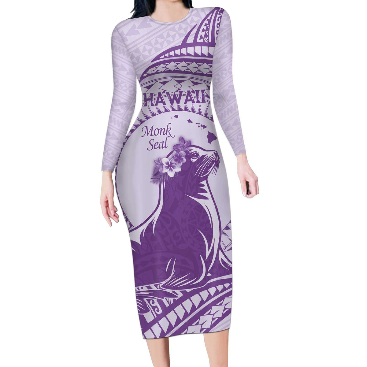 Personalised Hawaii Monk Seal Long Sleeve Bodycon Dress Polynesian Tattoo With Tropical Flowers - Purple Pastel LT14 Long Dress Purple - Polynesian Pride