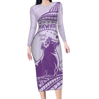 Personalised Hawaii Monk Seal Long Sleeve Bodycon Dress Polynesian Tattoo With Tropical Flowers - Purple Pastel LT14 Long Dress Purple - Polynesian Pride