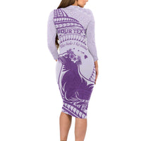 Personalised Hawaii Monk Seal Long Sleeve Bodycon Dress Polynesian Tattoo With Tropical Flowers - Purple Pastel LT14 - Polynesian Pride